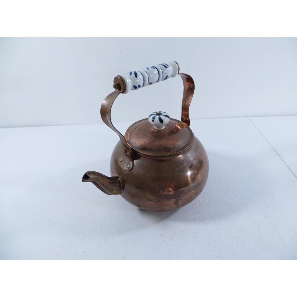 Vintage Daewoo Copper Tea Pot Kettle Blue White Porcelain Handle & Knob 8" x 8"